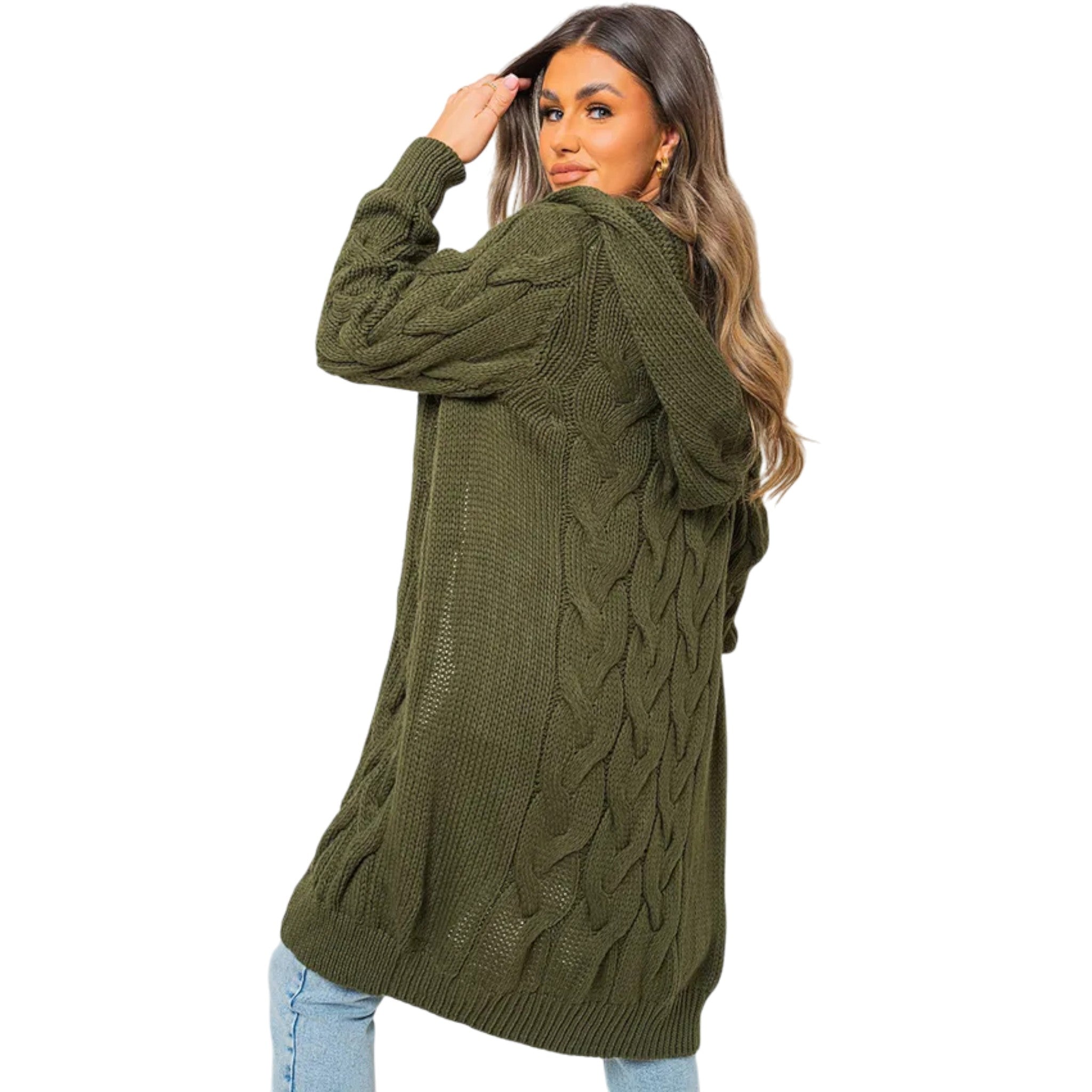 Ladies Italian Khaki cable knit open-front longline cardigan for women